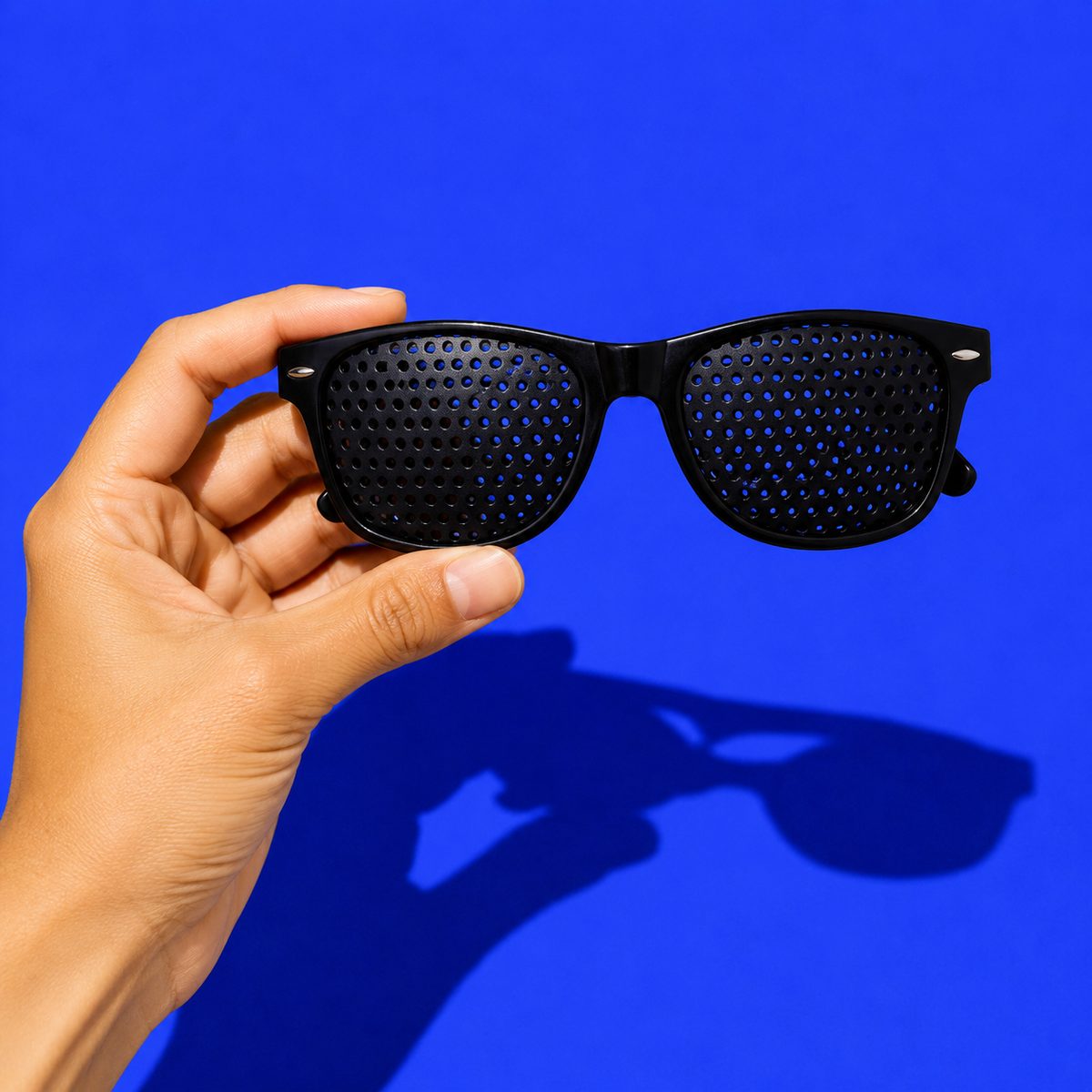 Hand holding pinhole glasses against a blue background